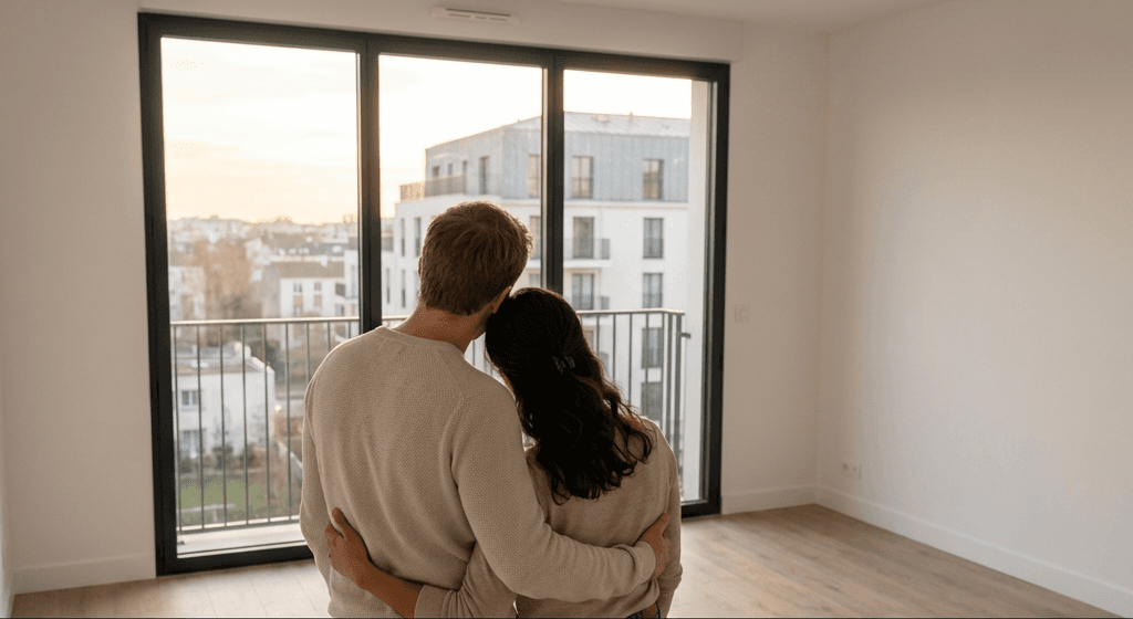 Un couple, de dos, contemple par la baie vitrée le séjour vide de son nouvel appartement neuf, lumière dorée de fin de journée.