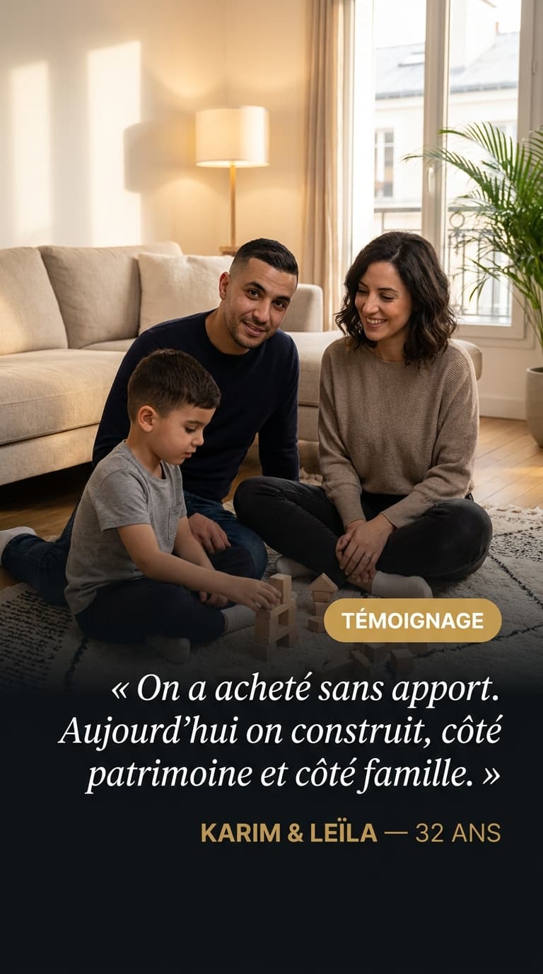 Karim et Leïla, 32 ans, jouent avec leur enfant dans le salon de leur nouvel appartement neuf.